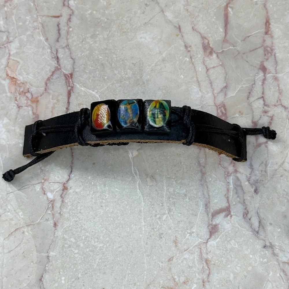 Black Leather Bracelet with Multicolor Accents